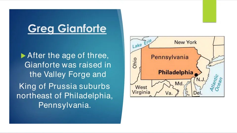 Biography slide describing Gianforte’s childhood in Valley Forge and King of Prussia, with a Pennsylvania map