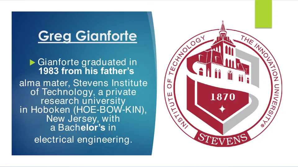 Biography slide on Gianforte’s 1983 electrical engineering bachelor’s degree from Stevens Institute of Technology