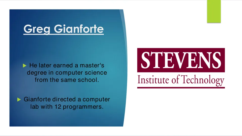 Biography slide on Gianforte’s computer science master’s degree and his direction of a lab with 12 programmers