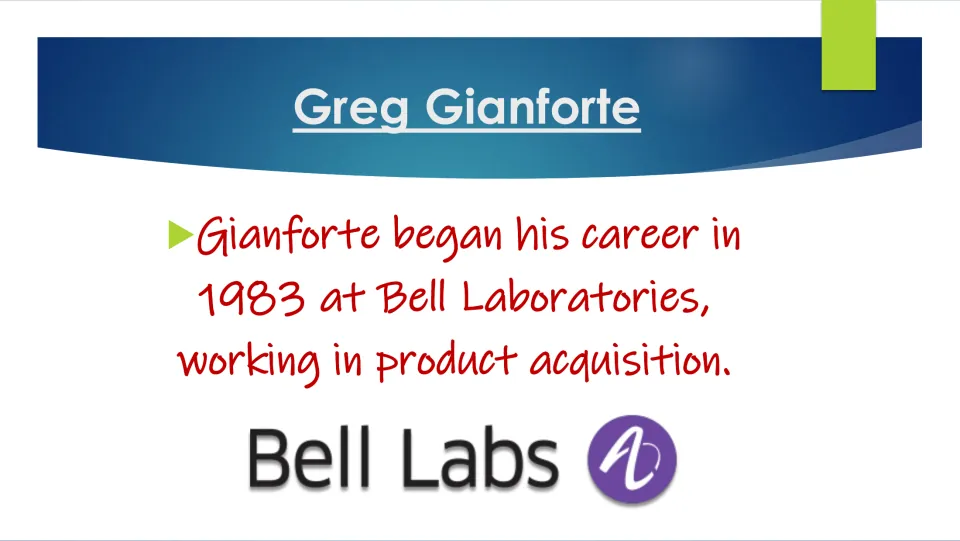 Biography slide stating Gianforte began his career at Bell Laboratories in 1983, working in product acquisition