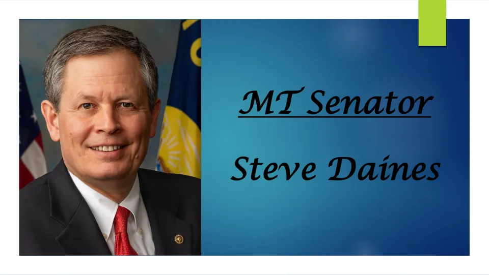 Cover slide for the Steve Daines biography presentation, featuring his portrait and the title 'MT Senator'