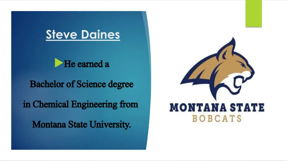 College slide listing Steve Daines's Bachelor of Science degree in chemical engineering from Montana State
