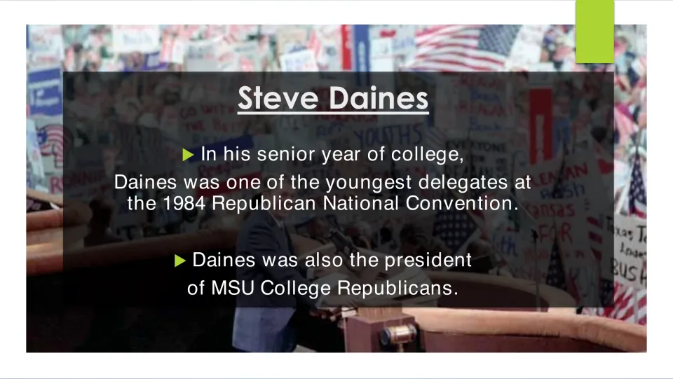 Political background slide covering Daines's 1984 Republican convention role and MSU College Republicans presidency