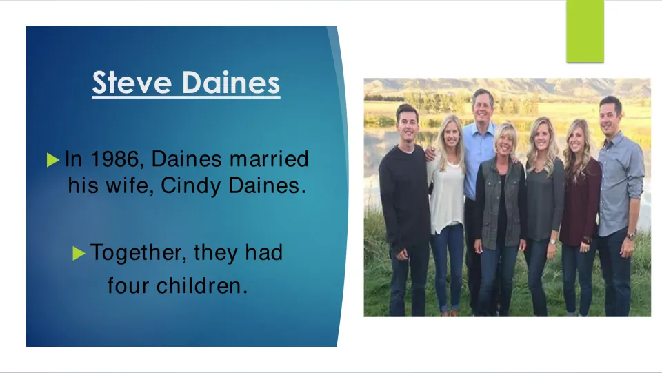 Family biography slide noting Steve Daines's 1986 marriage to Cindy and their four children, with a family portrait
