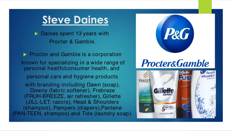 Career slide describing Steve Daines's 13 years at Procter & Gamble and listing the company's consumer brands