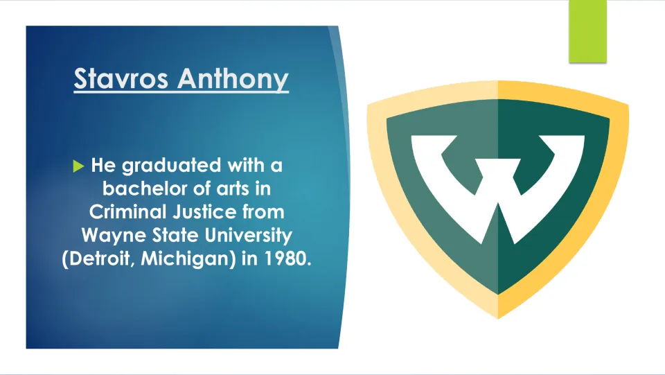 Biography slide on Anthony's 1980 bachelor of arts in criminal justice from Wayne State University in Detroit