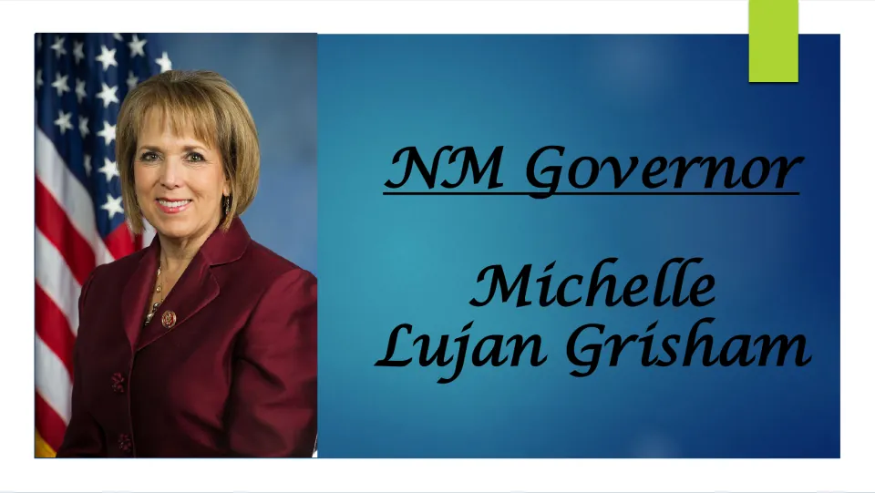 Biography presentation cover identifying Michelle Lujan Grisham as New Mexico governor, with her portrait