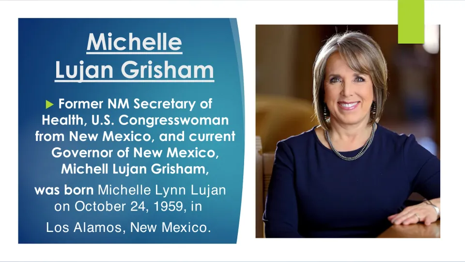 Biography slide introducing Grisham’s public roles and her birth on October 24, 1959, in Los Alamos