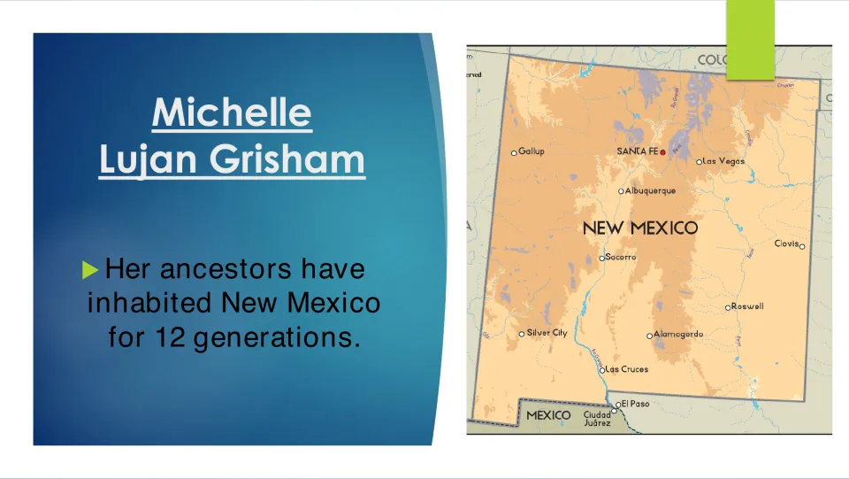 Biography slide stating that Grisham’s ancestors inhabited New Mexico for 12 generations, with a state map