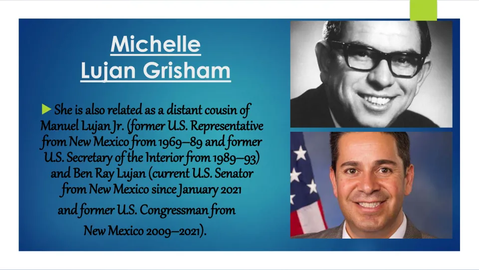 Biography slide identifying Manuel Lujan Jr. and Ben Ray Lujan as Grisham’s distant cousins and listing offices