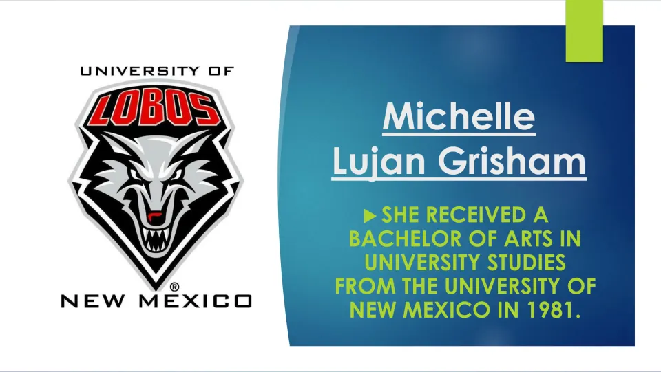 Biography slide describing Grisham’s 1981 Bachelor of Arts in University Studies from the University of New Mexico