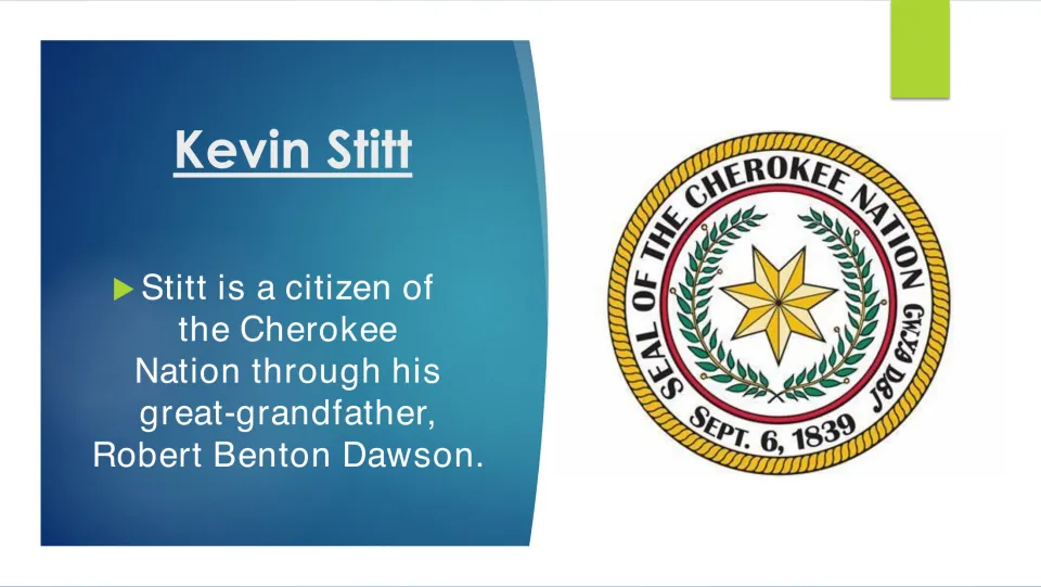 Biography slide explaining Stitt's Cherokee Nation citizenship through great-grandfather Robert Benton Dawson