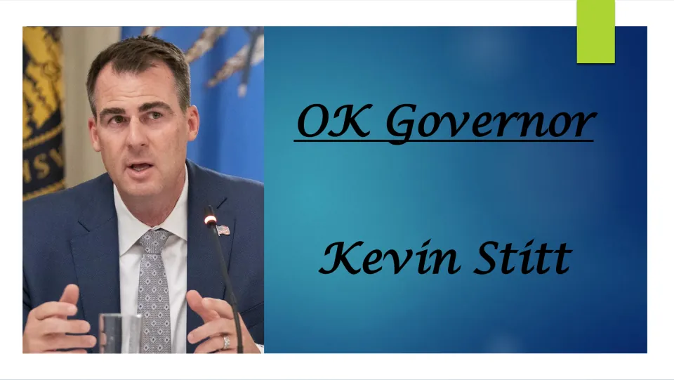 Biography presentation cover introducing Kevin Stitt as Oklahoma governor, with his name and portrait