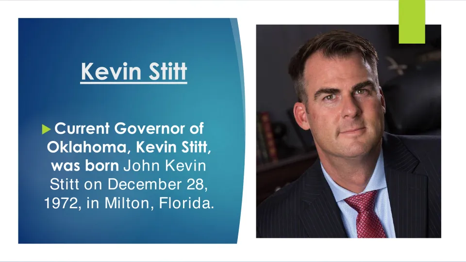 Biography slide 2: Kevin Stitt's birth name, John Kevin Stitt, and December 28, 1972 birth in Milton, Florida
