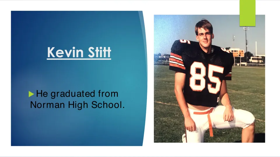 Biography slide 5: Stitt's graduation from Norman High School, illustrated with a football uniform photo