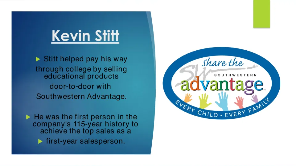 Biography slide 7: Stitt's college sales work with Southwestern Advantage and first-year top sales achievement