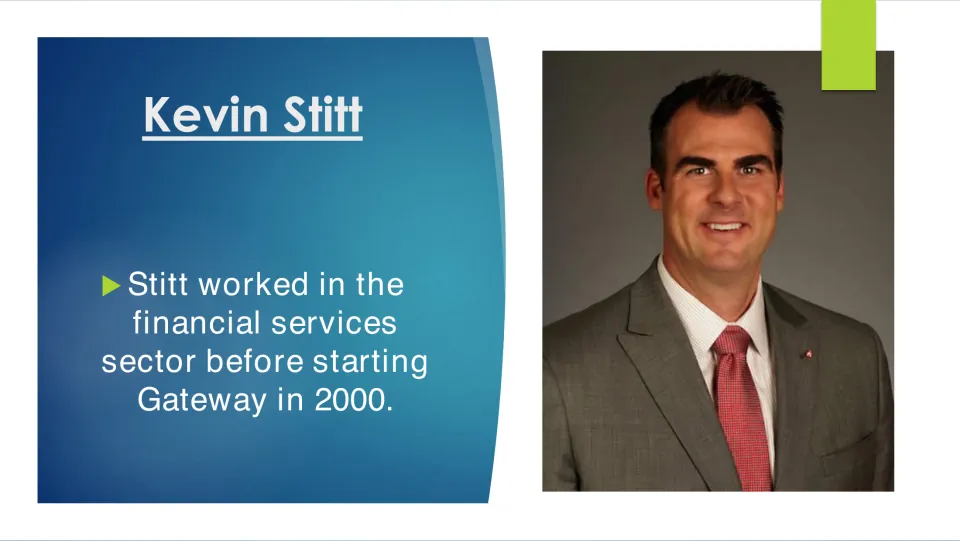 Biography slide 9: Stitt's work in financial services before starting Gateway in 2000, beside his portrait
