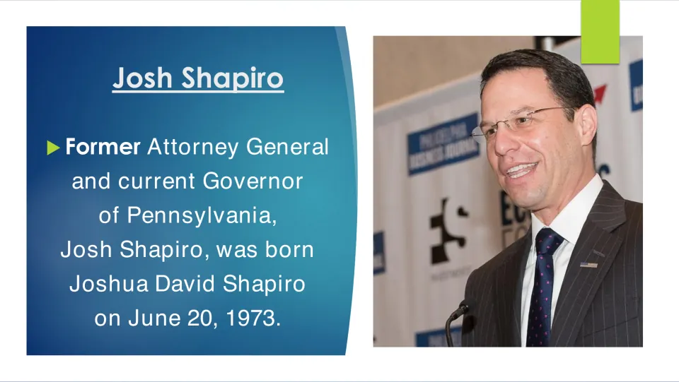 Biography slide identifying Josh Shapiro as a former attorney general and giving his June 20, 1973 birthdate