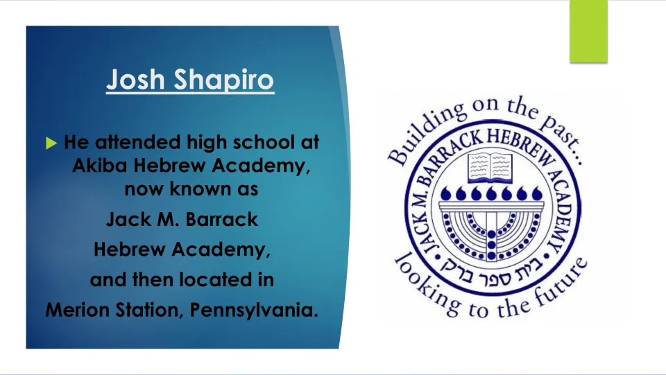 Biography slide naming Josh Shapiro's high school as Akiba Hebrew Academy, now Jack M. Barrack Hebrew Academy