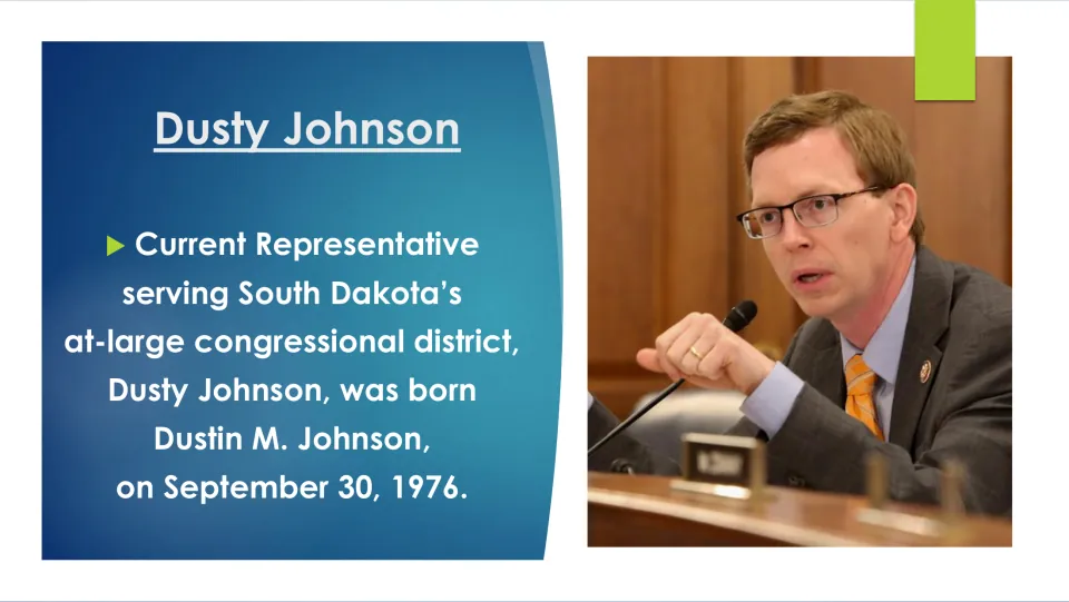 Biography slide 2 identifies Dusty Johnson as Dustin M. Johnson and gives his birth date, September 30, 1976
