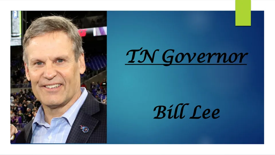 Cover slide of the governor biography, featuring a portrait of Bill Lee and the heading 'TN Governor'.