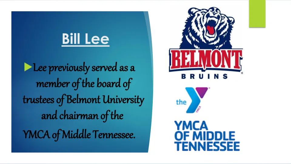 Service biography slide listing Lee's Belmont University trustee role and YMCA of Middle Tennessee chairmanship.