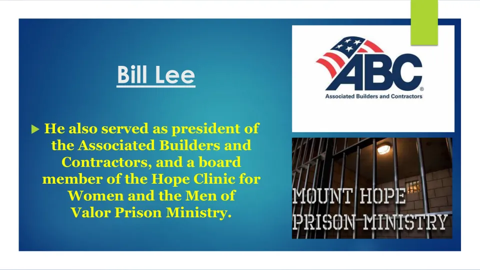 Service biography slide listing Lee's roles with Associated Builders and Contractors and two nonprofit boards.