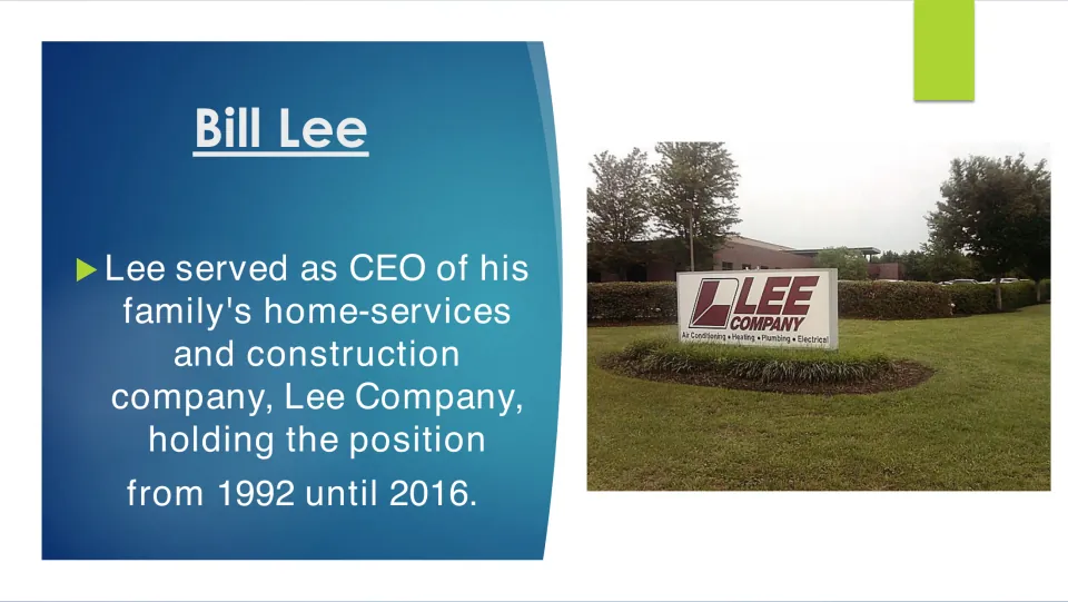 Biography slide describing Bill Lee's role as CEO of his family's Lee Company from 1992 through 2016