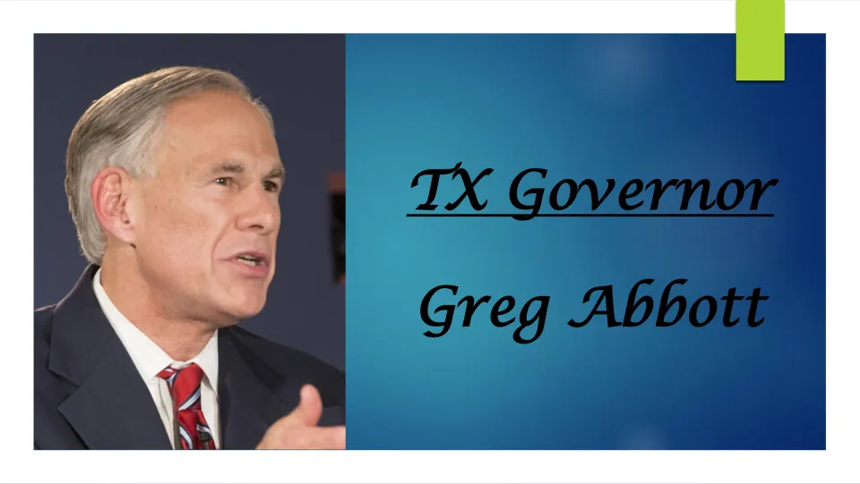 Biography presentation cover titled 'TX Governor Greg Abbott,' featuring a portrait of the Texas official