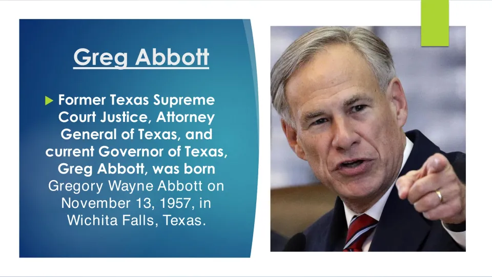 Biography slide introducing Abbott's public offices and his birth on November 13, 1957, in Wichita Falls