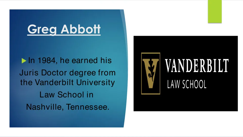 Legal education slide stating that Abbott earned his Juris Doctor at Vanderbilt University Law School in 1984