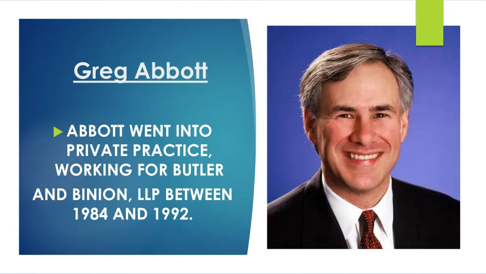 Early career biography slide describing Abbott's private practice at Butler and Binion, LLP from 1984 to 1992