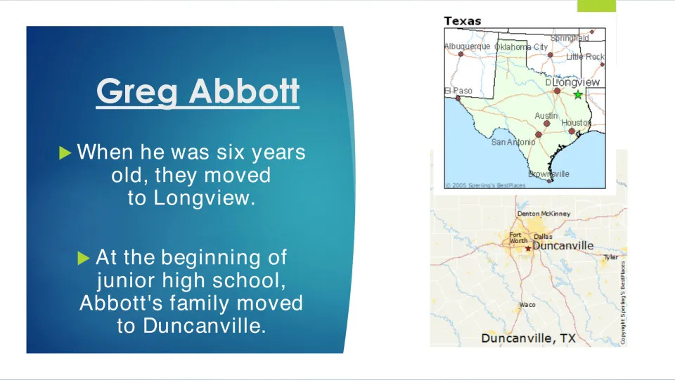 Biography slide tracing Abbott's moves to Longview at age six and Duncanville at the start of junior high