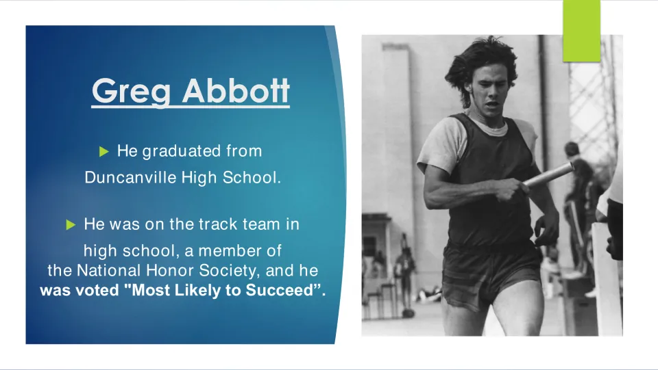 Biography slide on Abbott's Duncanville High School graduation, track team, and National Honor Society