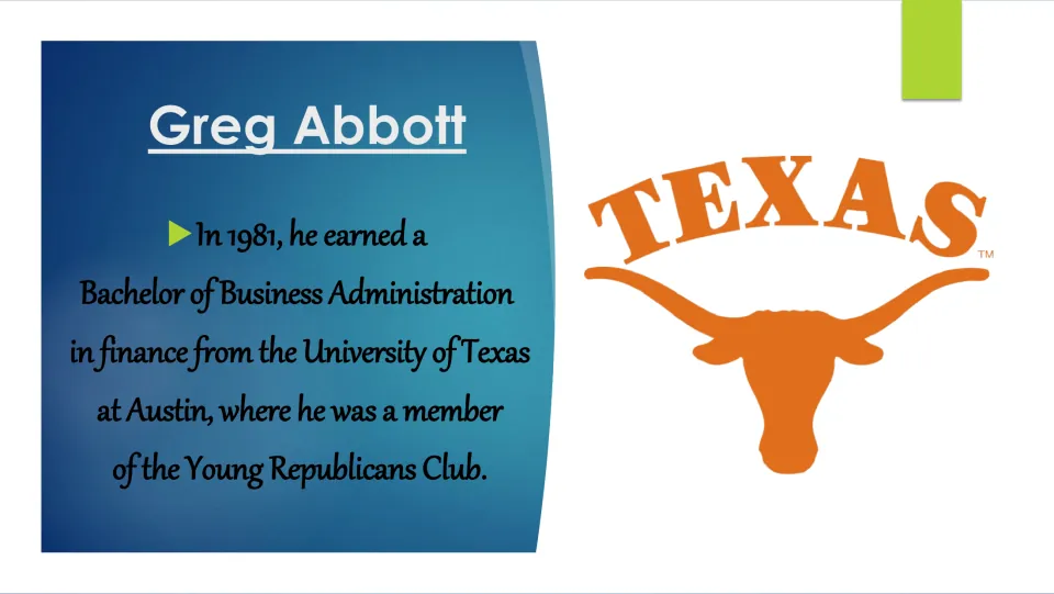 Biography slide covering Abbott's 1981 finance degree at UT Austin and membership in the Young Republicans Club