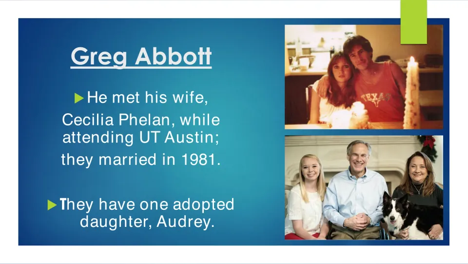Biography slide describing Abbott's marriage to Cecilia Phelan in 1981 and their adopted daughter, Audrey