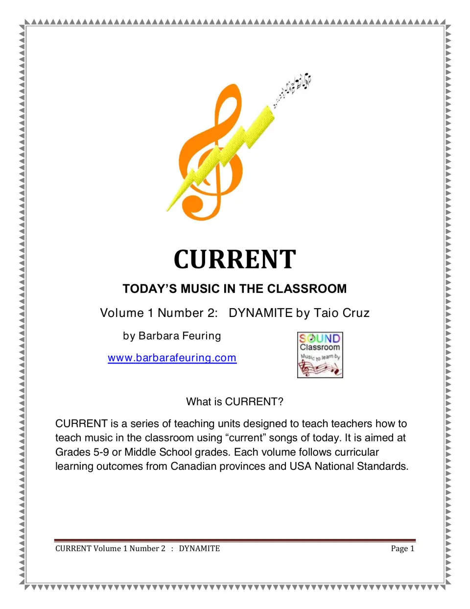 Cover for CURRENT Volume 1 Number 2, a music unit on Dynamite by Taio Cruz, with a note explaining the CURRENT series