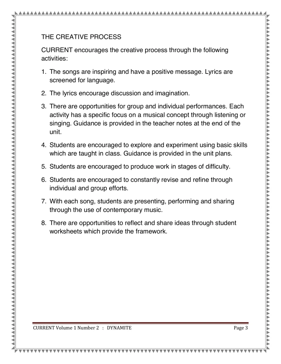 The creative process: eight numbered points on how the unit's song activities build discussion, performance and reflection