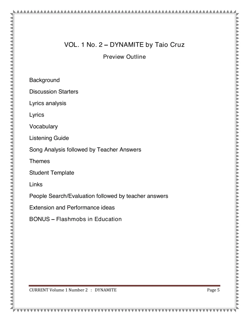 Unit outline for Dynamite by Taio Cruz listing background, lyrics, vocabulary, listening guide, themes and a flashmob bonus