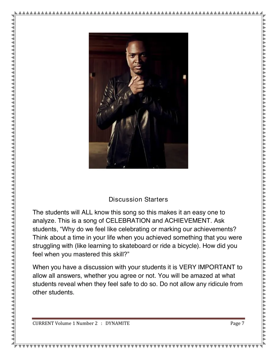 Dynamite discussion starters: photo of Taio Cruz and prompts asking students about celebrating a hard-won achievement