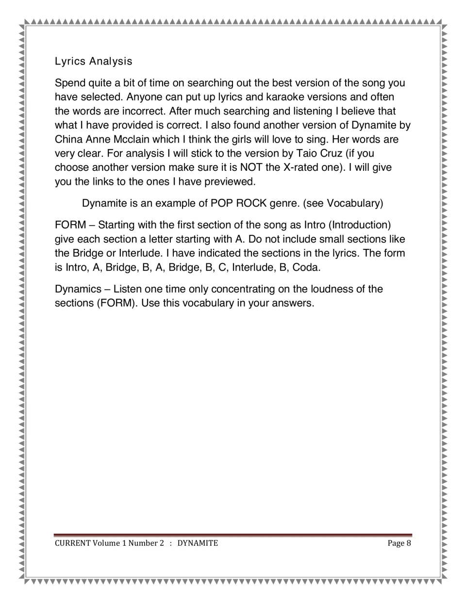 Lyrics analysis notes: Dynamite as pop rock, lettering each song section to find the form, and a dynamics listening task