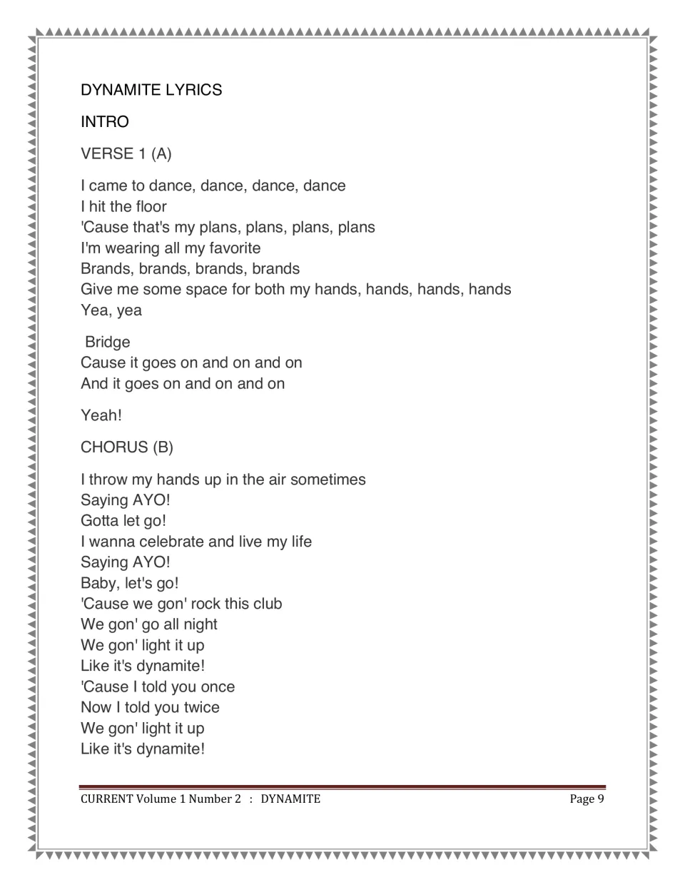 Dynamite lyrics, part one: intro, verse 1 (A), bridge and chorus (B) marked with form letters for song analysis