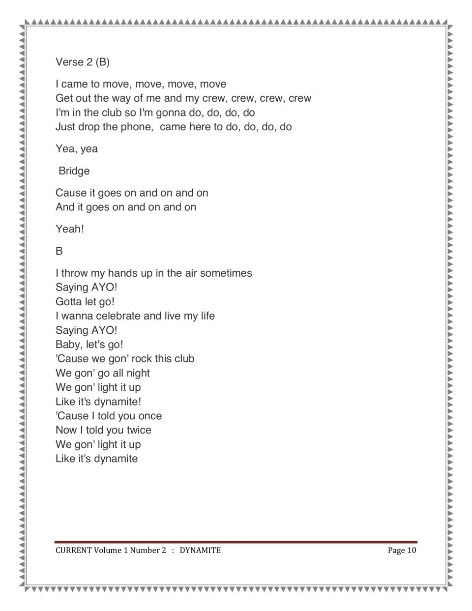 Dynamite lyrics continued: verse 2, bridge and the repeated B chorus, labeled by section for tracking the song's form