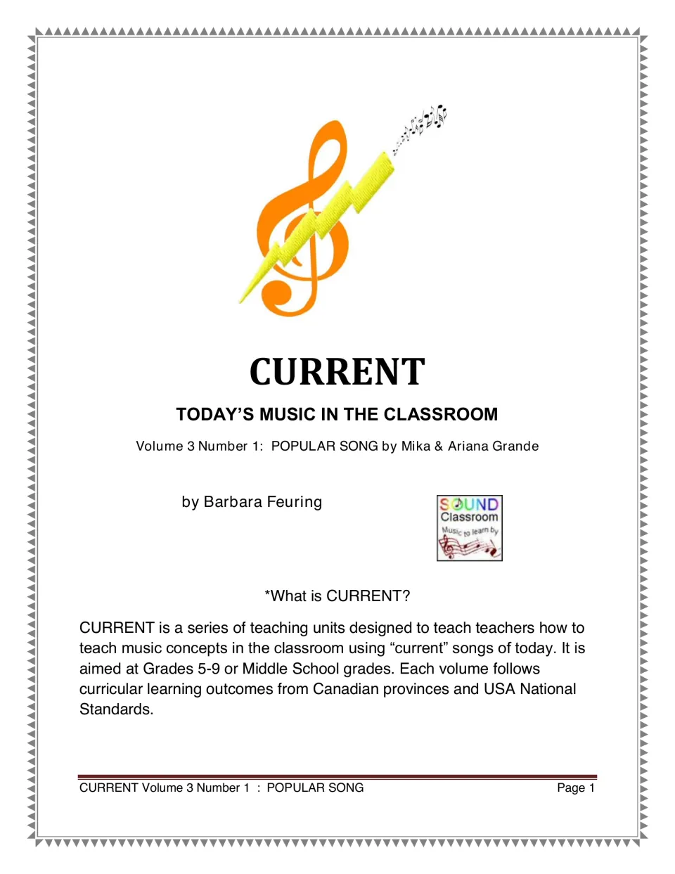 Music unit cover naming Popular Song by Mika and Ariana Grande, author Barbara Feuring, and grades 5–9