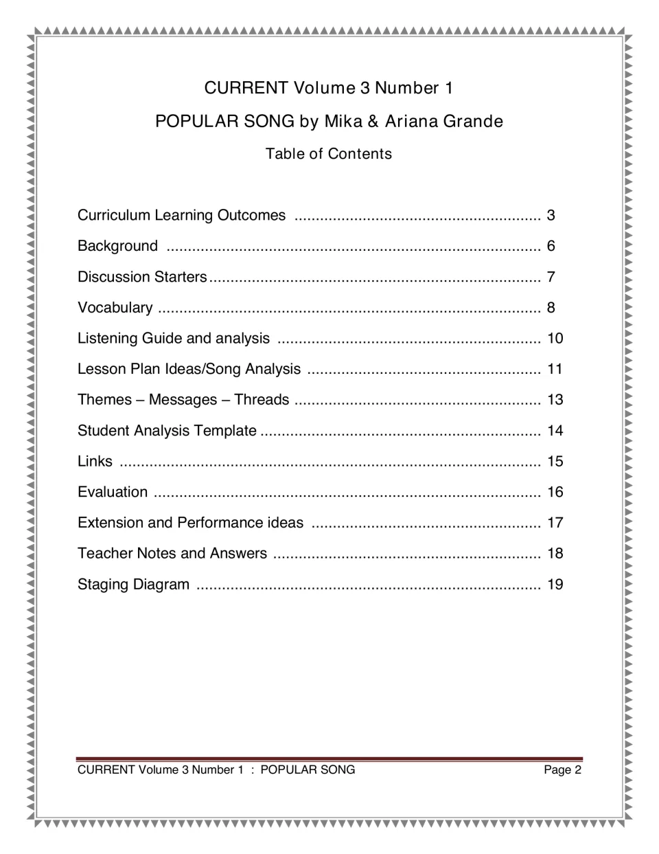 Music unit contents listing learning outcomes, vocabulary, listening guide, evaluation, and teacher notes