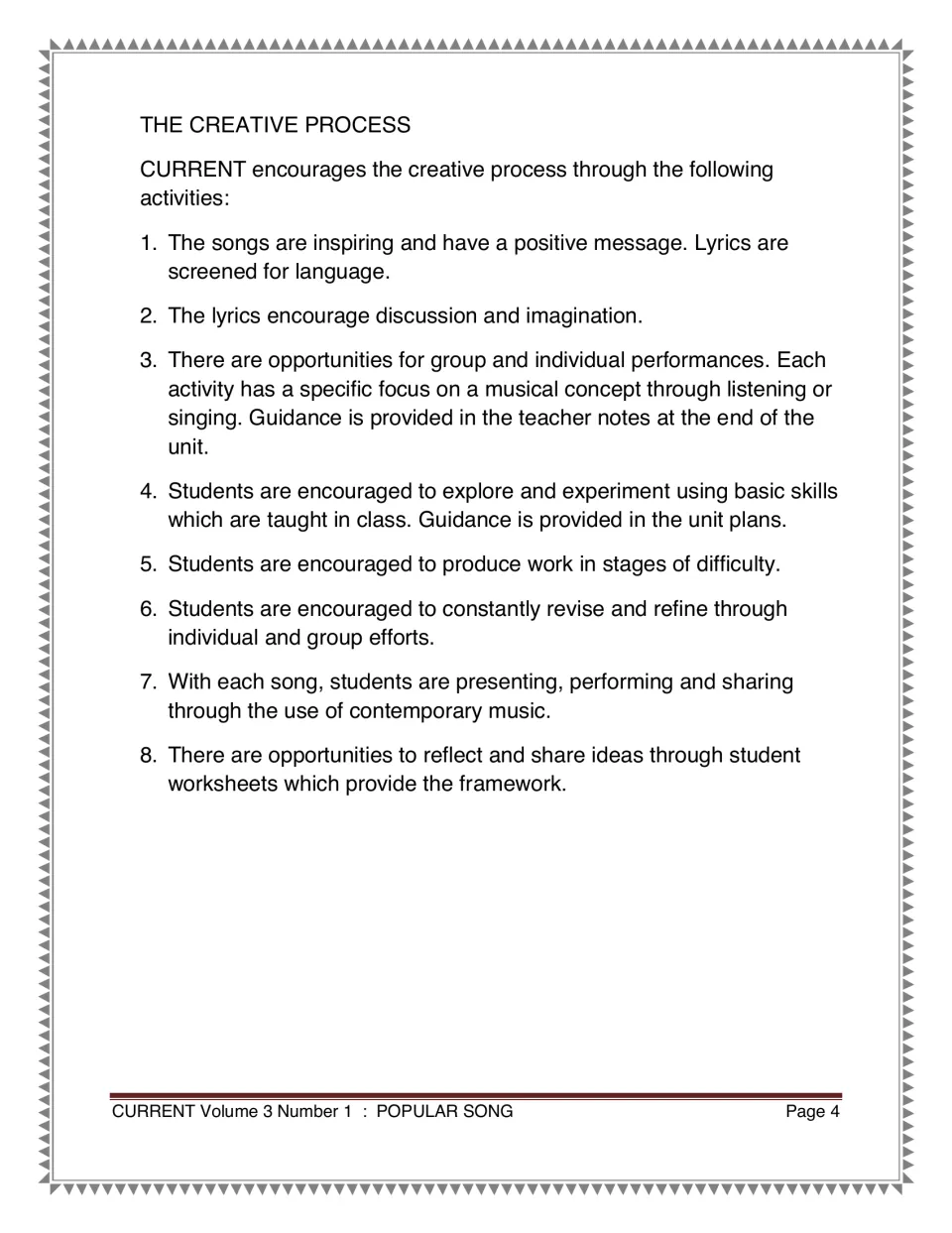 Creative process guidance outlining eight ways students discuss, perform, experiment, revise, and reflect