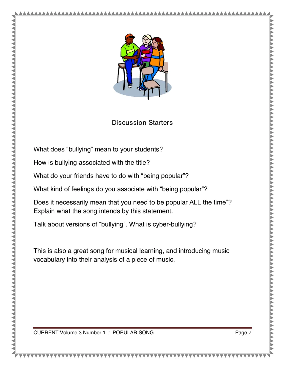 Discussion starters asking about bullying, friendship, popularity, associated feelings, and cyberbullying