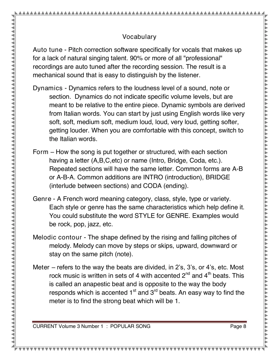 Music vocabulary definitions for Auto-Tune, dynamics, form, genre, melodic contour, and meter