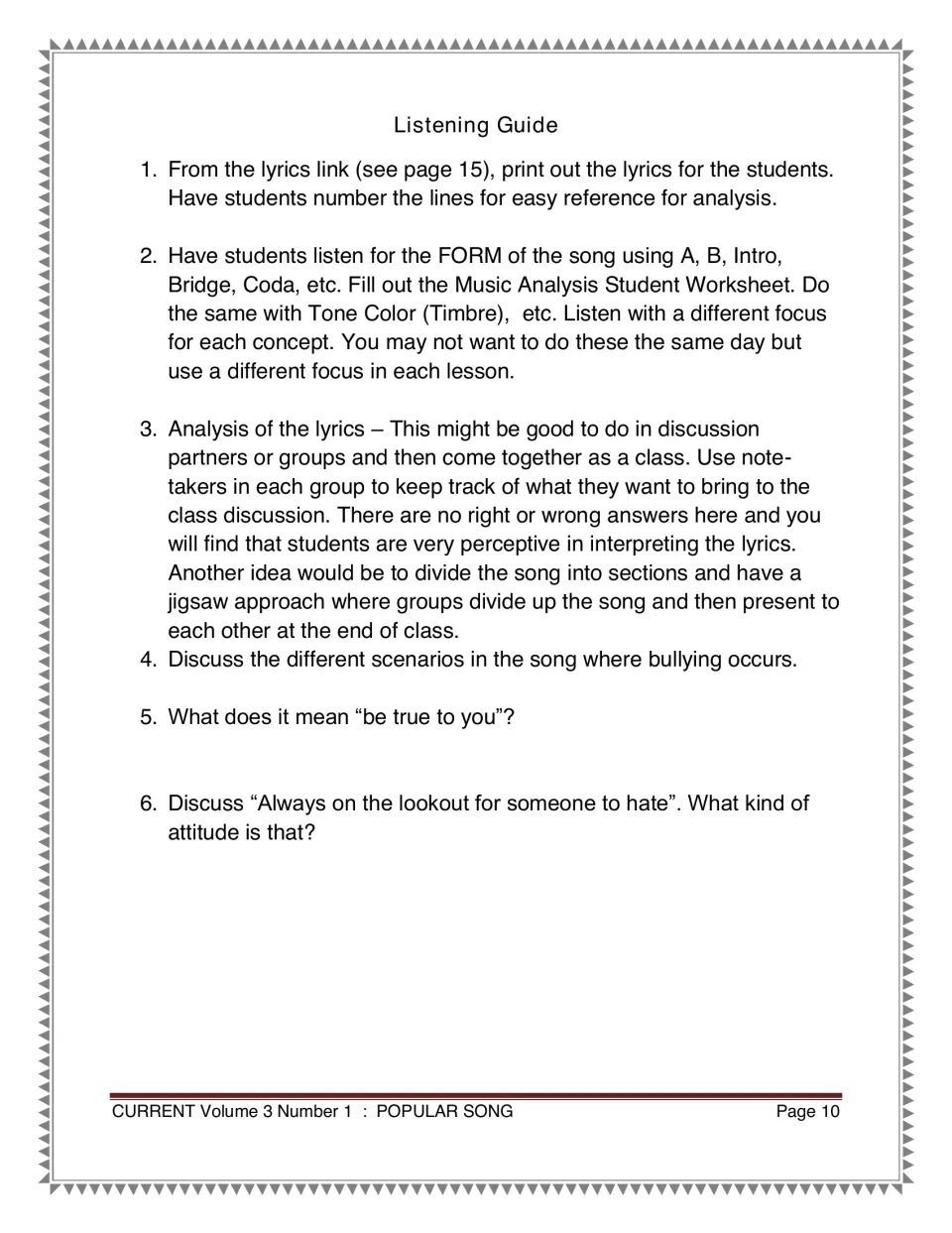 Listening guide directing song form and timbre analysis, group lyric discussions, and reflection on bullying