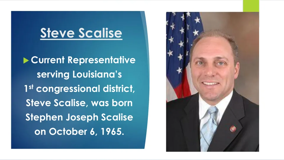 Biography slide naming Stephen Joseph Scalise, born October 6, 1965, and Louisiana's 1st district